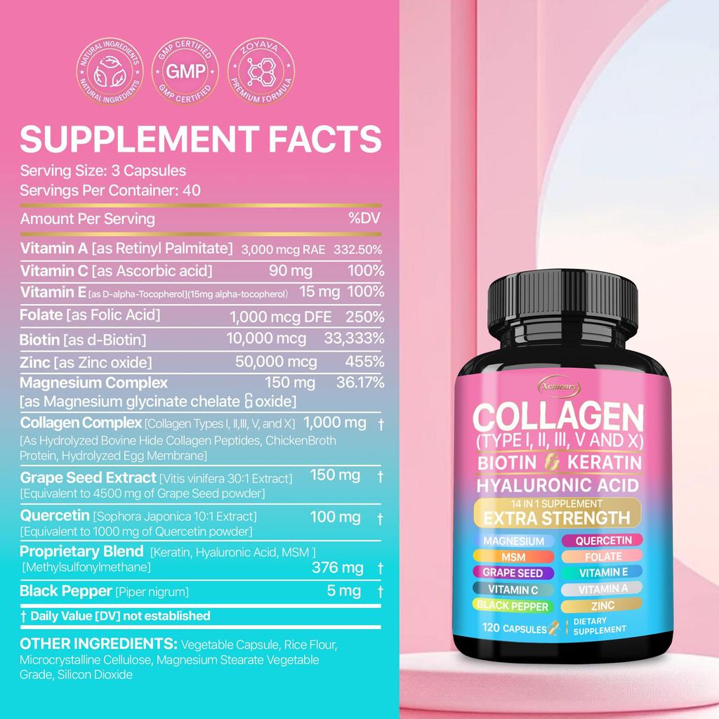 Collagen Peptide Capsules Containing Biotin, Keratin, Vitamin C, Vitamin E, Zinc, Magnesium, and Skin Health Support.