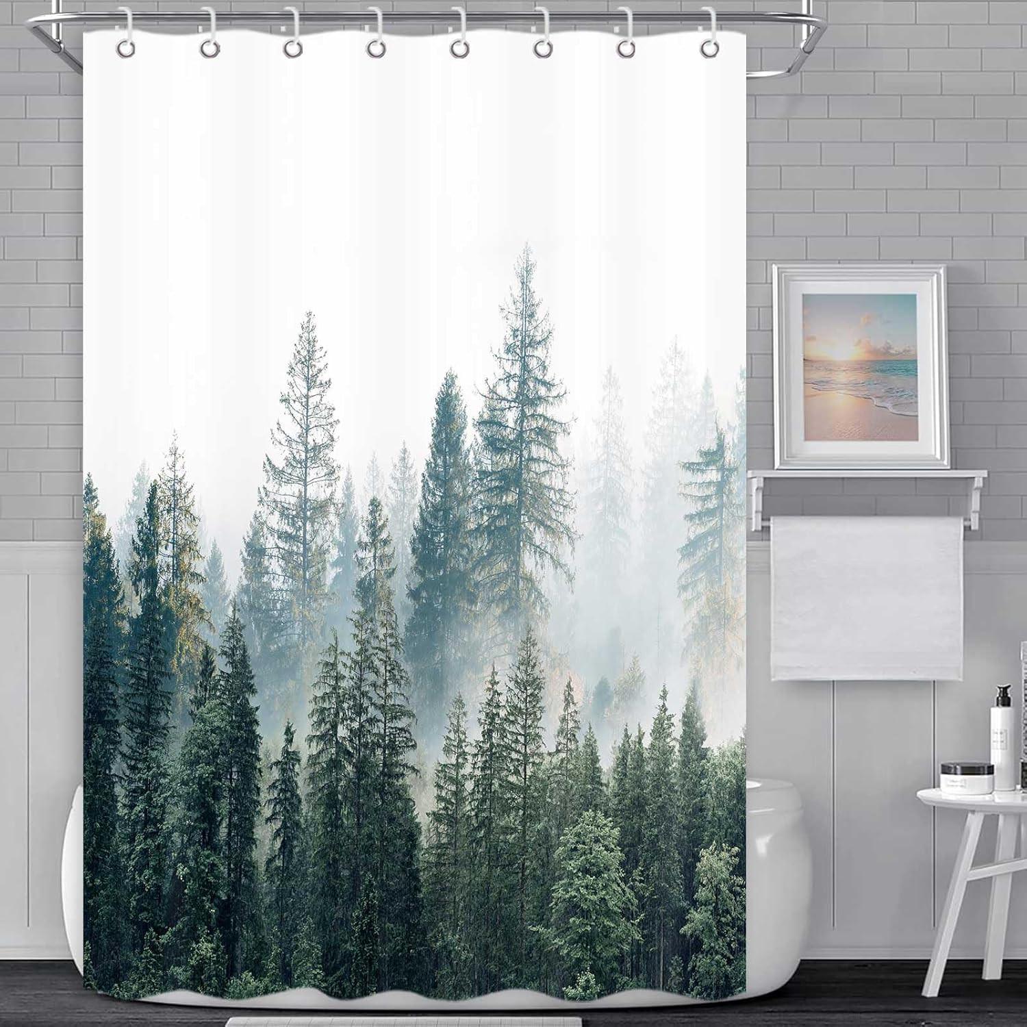 

Misty Forest Trees Shower Curtain Machine Washable All Season Waterproof Privacy Protection 2D Print Nature Design Zen 12 Hooks W60H190(CM)-1 Pcs