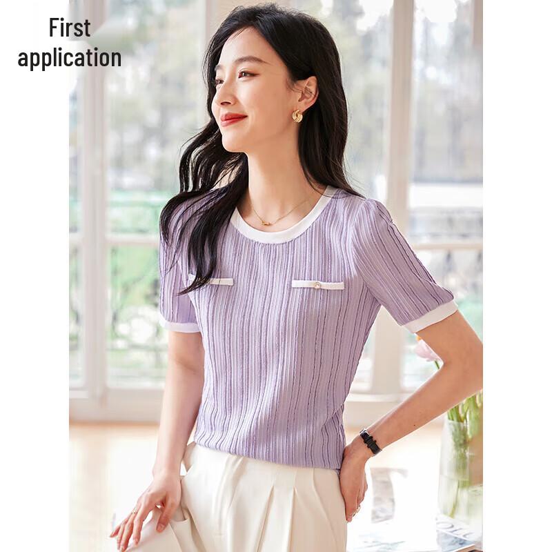 

Women s Stylish Color-Block Textured Short Sleeve T-Shirt L