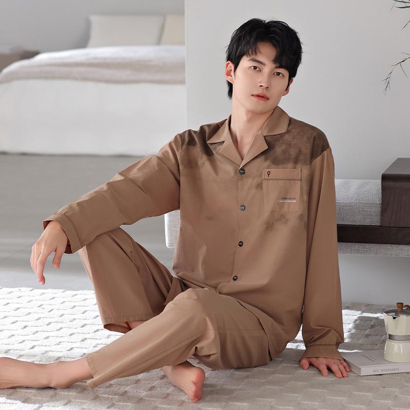 Pajamas Men'S Spring And Autumn Autumn Woven Cotton Gauze Casual Long Sleeves Cotton Loungewear Men'S Suit