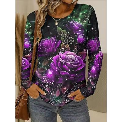 Camiseta de Mujer 3D Elegante Rosa Estampado Floral Moda Manga Larga Cuello Redondo Regular Top Vacaciones Fin de Semana Primavera Otoño