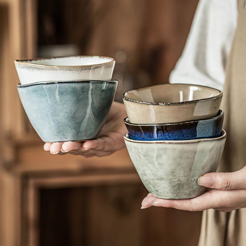 Retro Rice Bowl Household Eating Small Bowl Ceramic Bowl Japanese Kiln Glazed Tableware Rice Bowl Round Salad Bowl