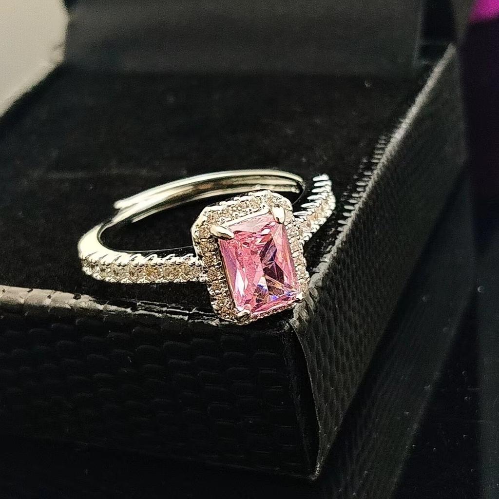 Style Accessories Niche Personality Ladder T Square Zircon Live Ring Women'S Rock Sugar Square Diamond Ring Light Luxury Jewelry