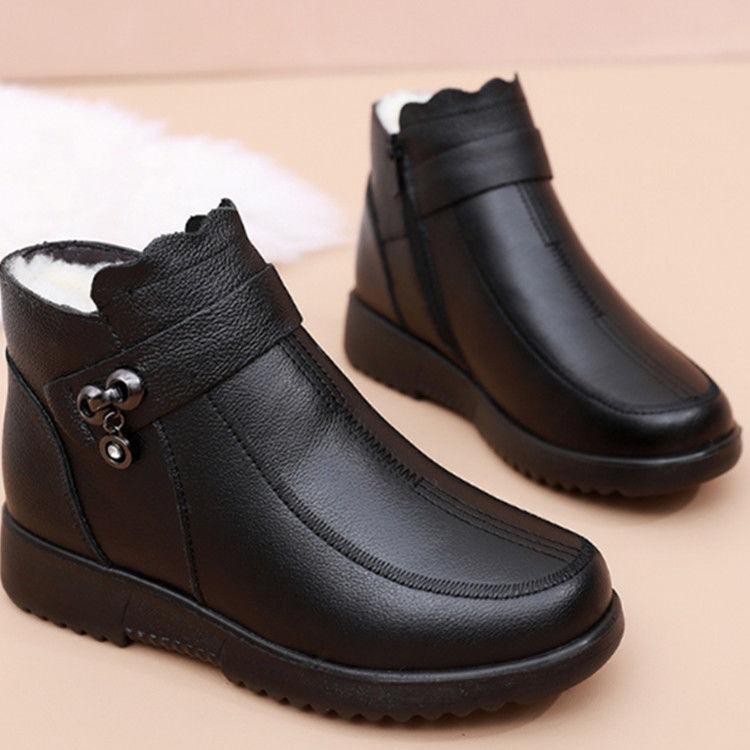 [Genuine Leather] Mom Cotton Shoes Women's Winter Velvet Warm Short Boots Flat-soled Soft-soled Leather Boots Women's Middle-aged and Elderly Snow