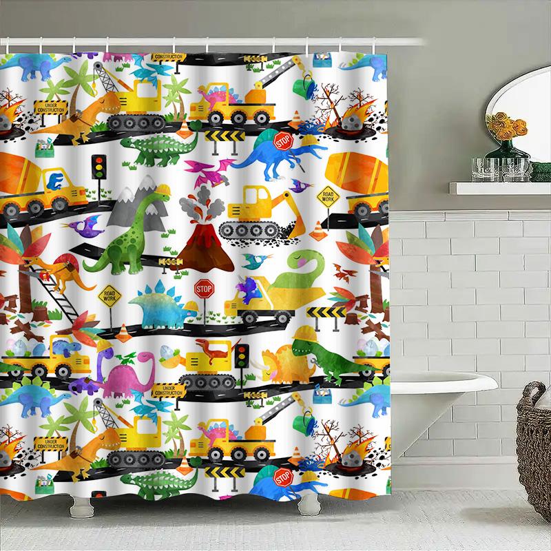 Animal Construction Shower Curtain Dinosaur Decor For Kids Bathroom Waterproof Fabric With Stop Sign Design Unique Home Accessor