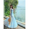 French Seaside Vacation Atmosphere Blue Floral Suspender Waist Dress Women's Summer Temperament Pure Desire Fishtail Dress