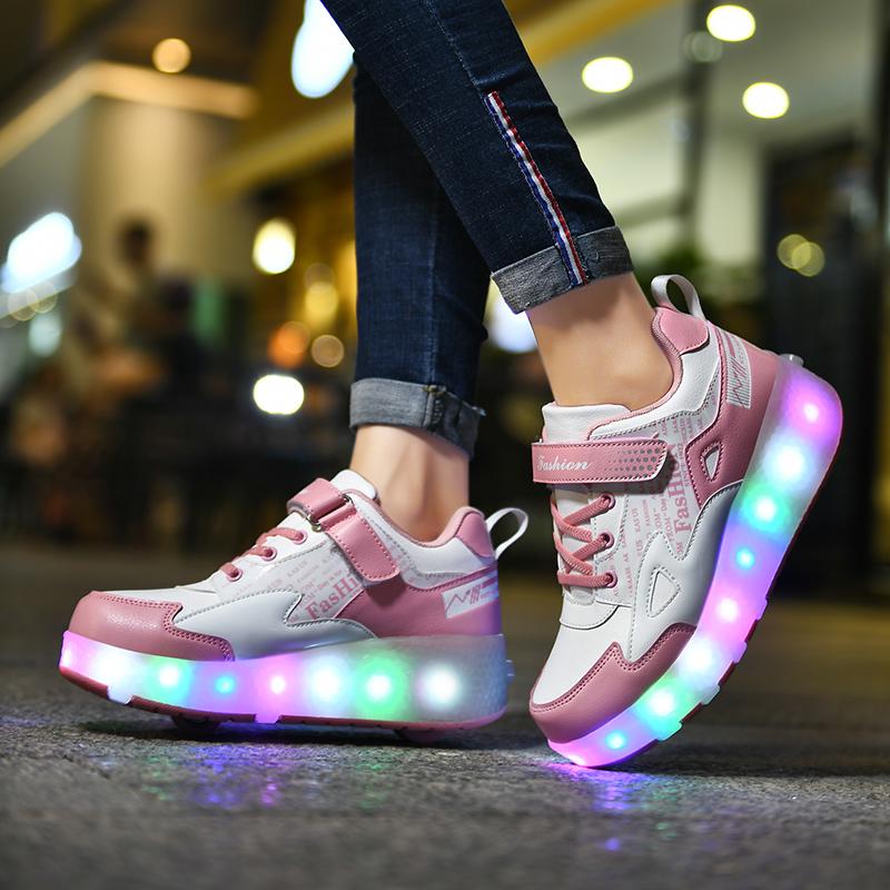 27-43 Detachable Wheel Boys/Girls Double Wheel Luminous Sneakers Can Be Charged Sneakers for Skating Kids Roller Skating Boots