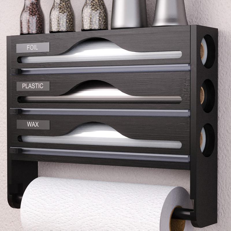 Kitchen Plastic Wrap Cutter Box with Kitchen Paper Holder 3-in-1 Shelf Foil Parchment Bamboo Storage Box