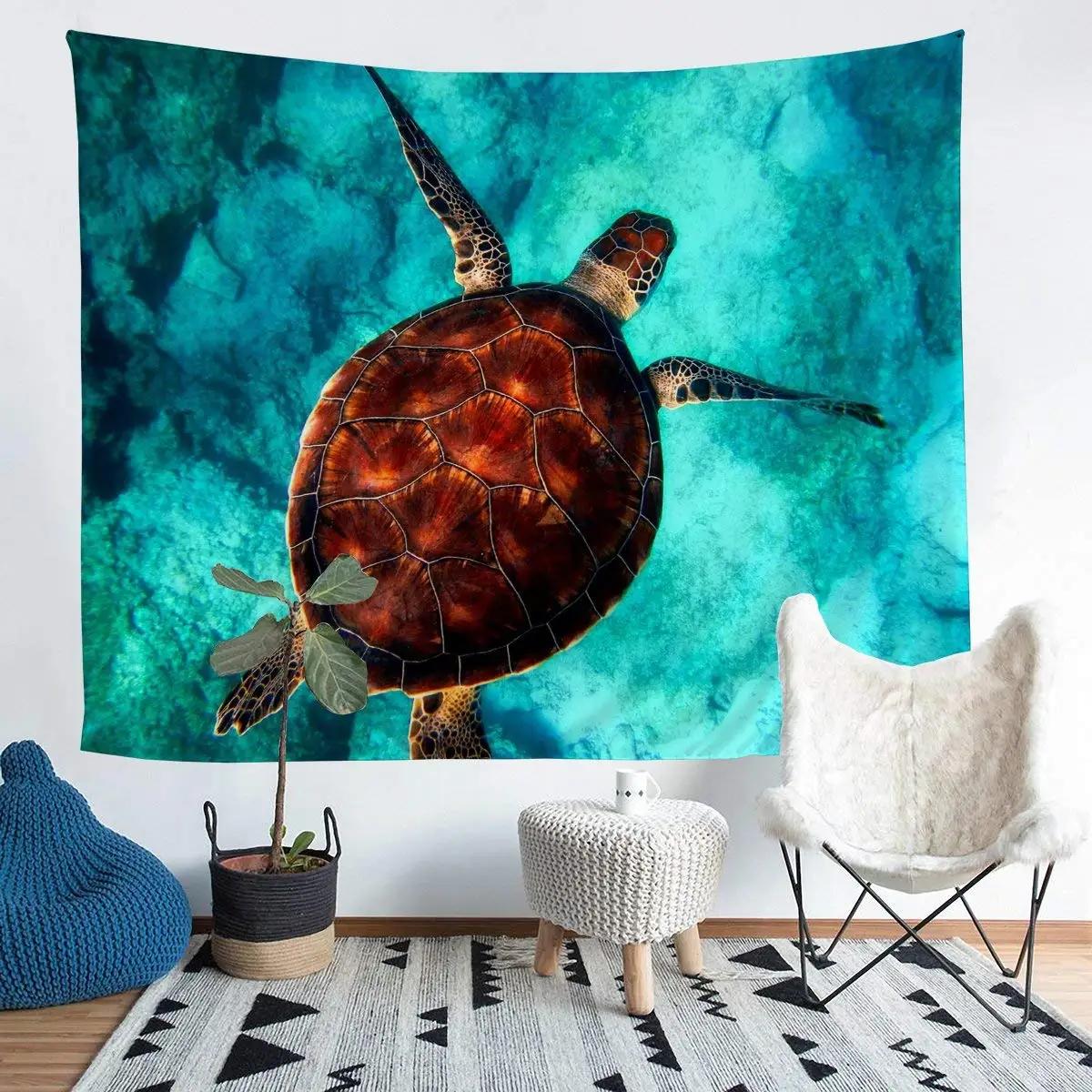 Sea Turtle Tapestry Ocean Animal Hawaiian Tapestry Nature Blue Underwater Wall Hanging for Bedroom Dorm Home Decor Blanket 74x94cm(29x37in)