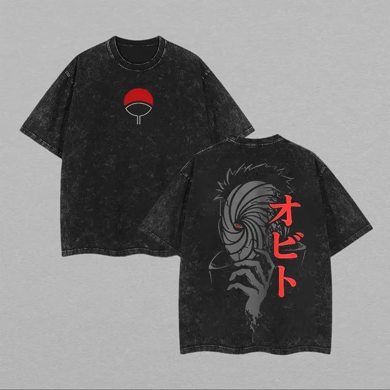Naruto Uchiha Obito Mask & Clan Symbol Double-Sided Vintage Washed Oversized Anime Streetwear Unisex Casual Black T-Shirt L
