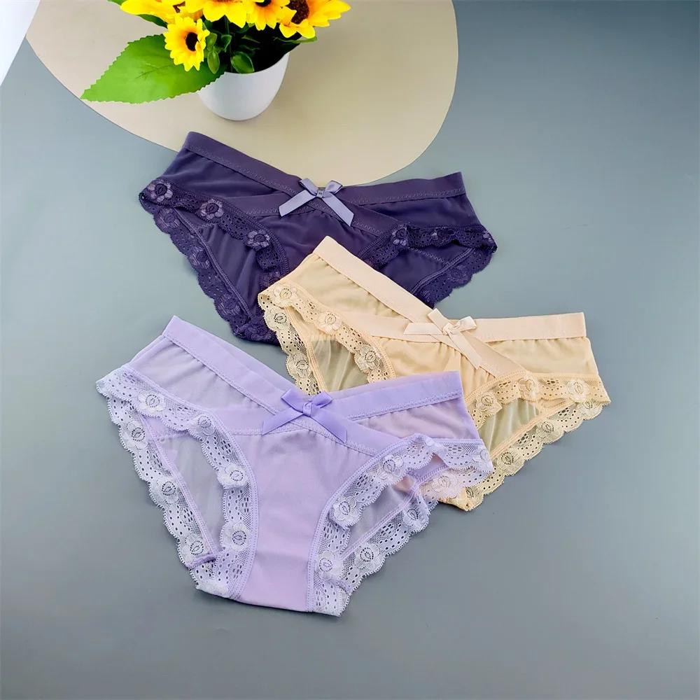 3PC Low Rise Lace Ruffles Women's Mesh Underwear Sweet Ladies Perspective Sexy Briefs Comfortable Panties