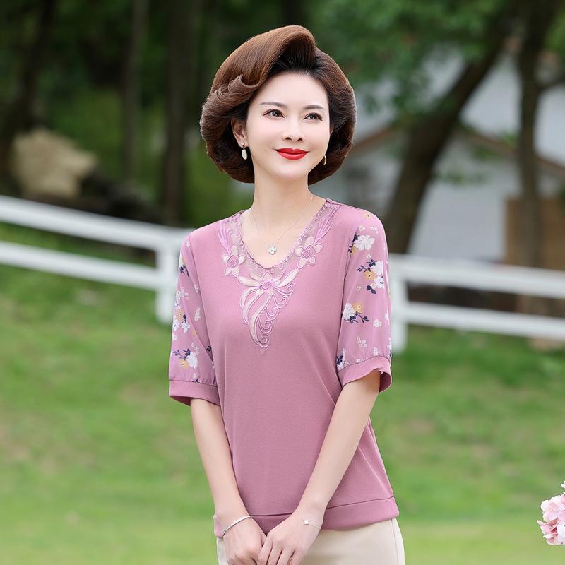 Mom's Summer Chiffon Short Sleeve Top: Stylish 2025 T-Shirt for Middle-Aged & Elderly Women