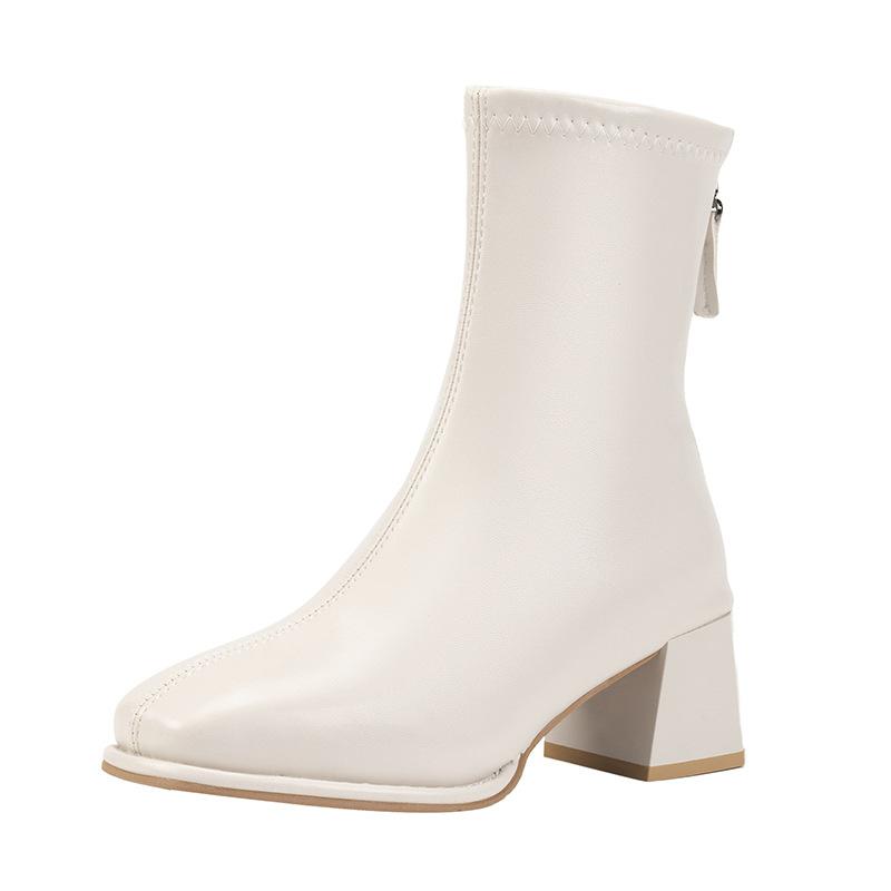 Foreign Trade Autumn and Winter New Square Head Thick Heel Short Boots Rear Zipper Versatile British Style Martin Boots Women's Thin High Heel Leather