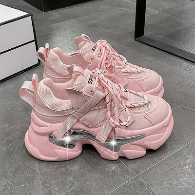 Fashion Thick Sole Women Breathable Leather Sneakers Fashion 8CM Heels High Platform Outdoor Sport Dad Shoes Trainers White Chunky Shoes