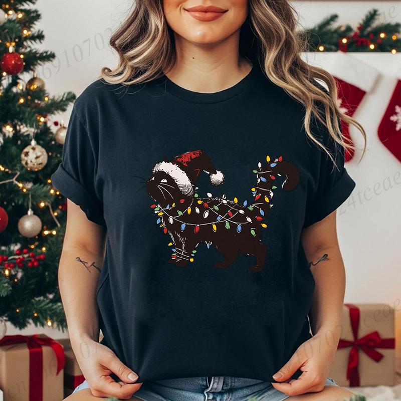 Unisex Cute Cat Christmas Graphic Print Tshirt  Holiday Tee Shirts Casual O Neck Fashion Shortsleeve Soft Cat Mom Creative Tops