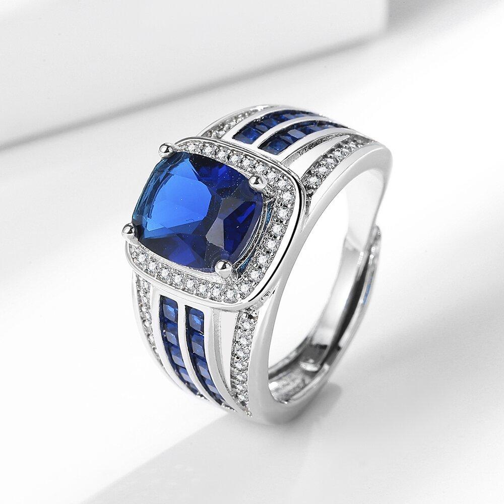 Jewelry Blue Tip Crystal Sapphire Ring Men s Full Diamond Cross-Border Ring Size:Adjustable