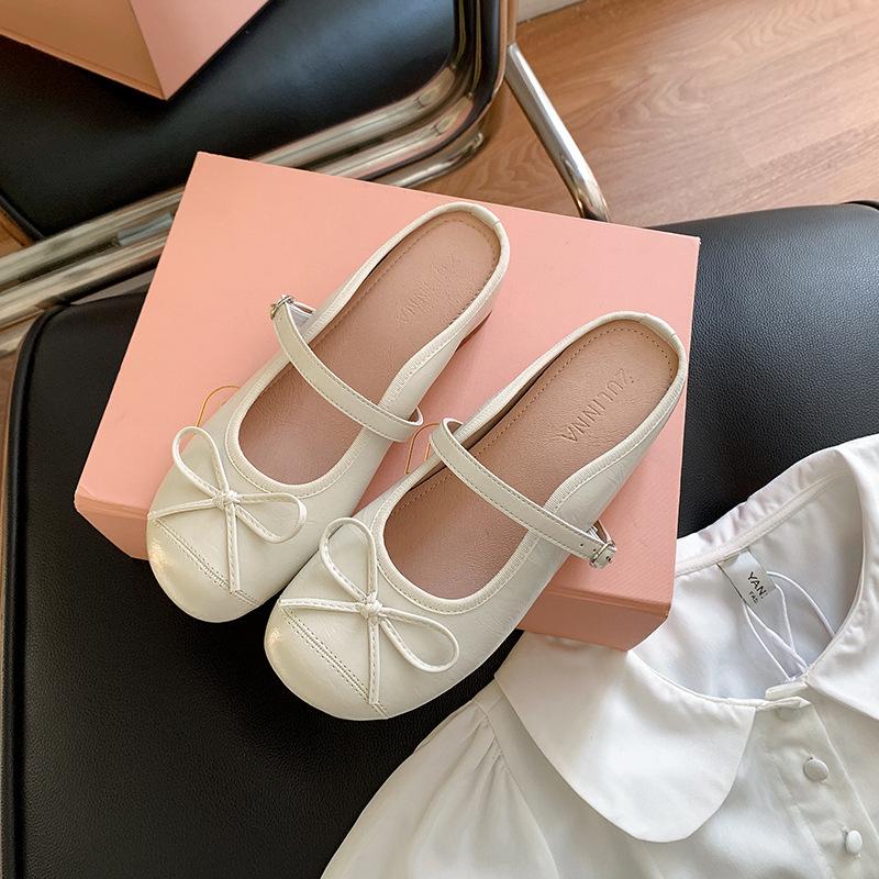 Inner heightening bow French gentle ballet single shoes women's summer bag head half slippers