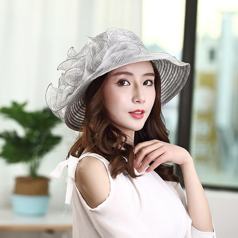 Hat women's summer European and American style organza straw woven stacking flower fashion mesh yarn hat sun protection sun hat versatile cool hat