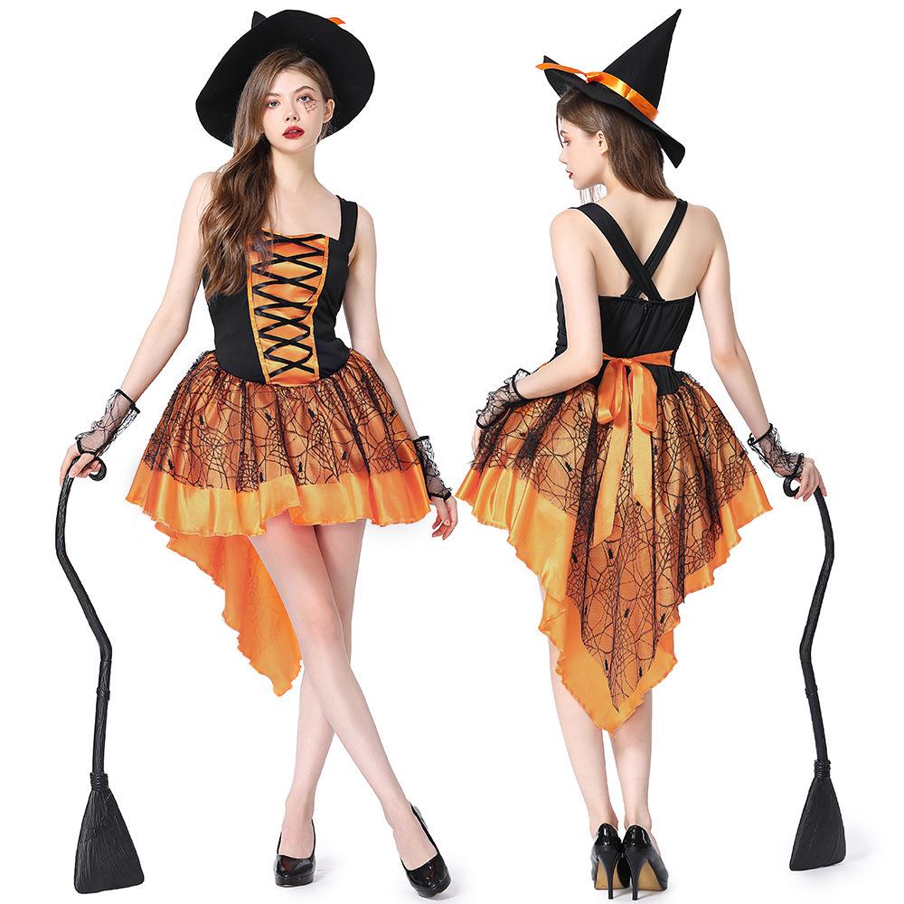 

Purple & Orange Strappy Mesh Witch Costume - Sexy Halloween Cosplay L помаранчевий