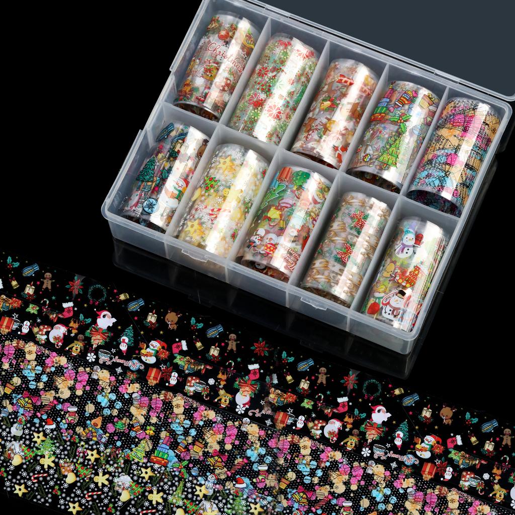 10 Rolls Boxed Christmas Nail Transfer Foil Paper Sticker Boots Santa Hat Snowflake Nail Art Foils DIY Kawaii Nail Decal