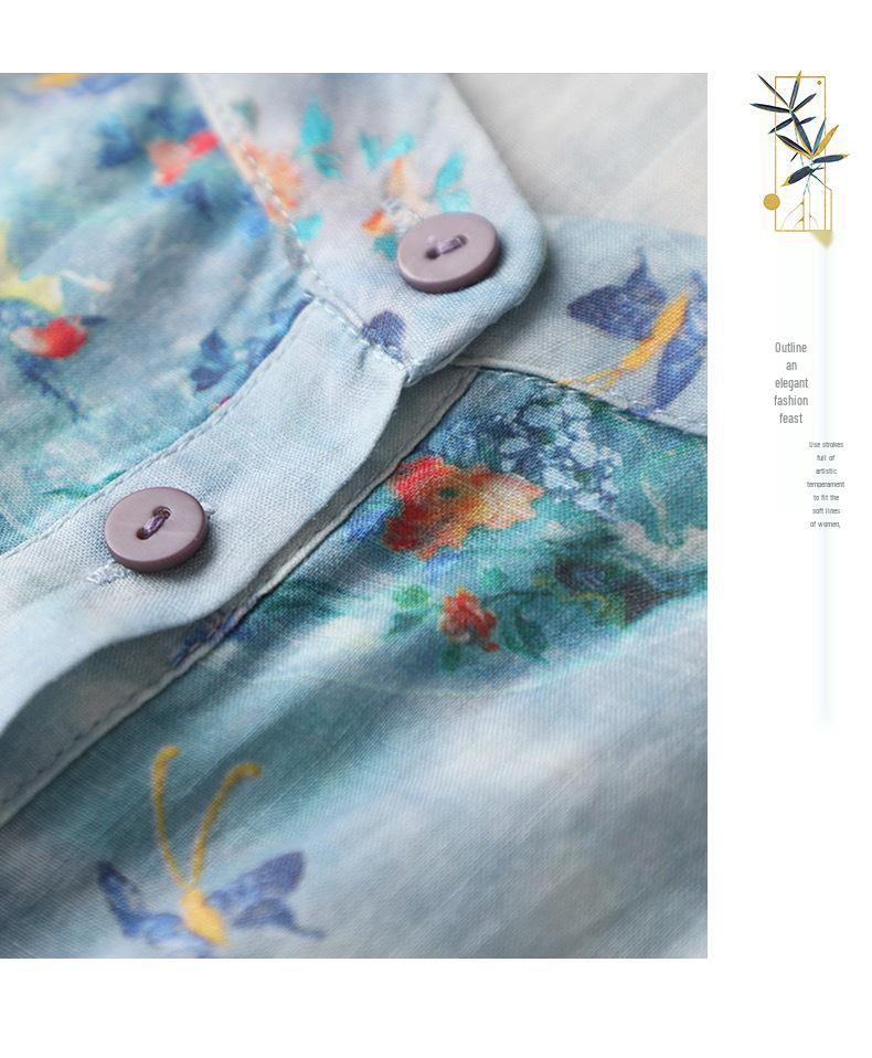 2025 Women's Trendy Loose Nine-Sleeve Printed Ramie Stand Collar Pullover Shirt