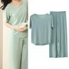 2Pcs/Set Women Pajamas Seamless Ice Silk Round Neck Short Sleeve Solid Color Elastic Waist Wide Leg Loose Soft Breathable Homewear Top Pants Set