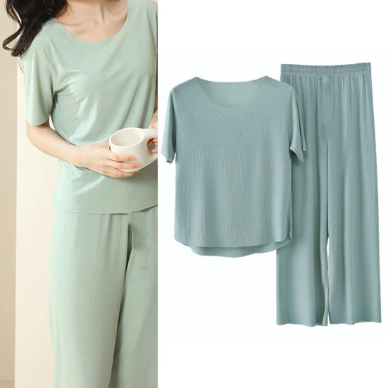 2Pcs/Set Women Pajamas Seamless Ice Silk Round Neck Short Sleeve Solid Color Elastic Waist Wide Leg Loose Soft Breathable Homewear Top Pants Set