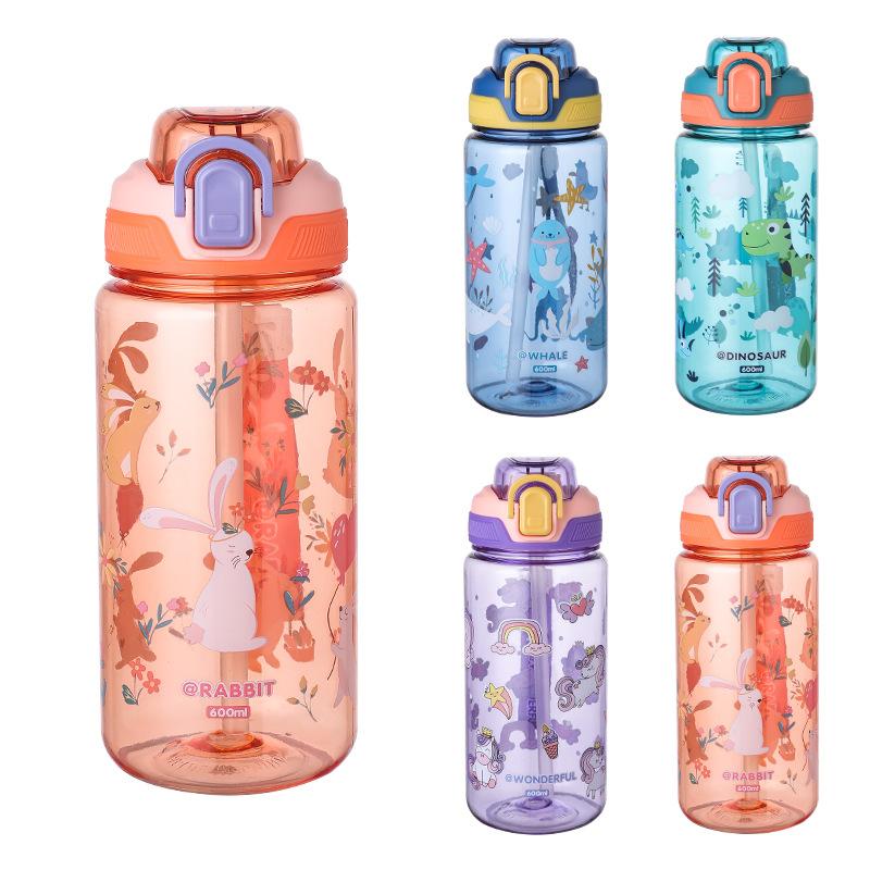 600ml Dinosaur Water Bottle For Kids Water Sippy Cup With Silicone Straw Leakproof Plastic Water Bottles Summer Kids Water Cup