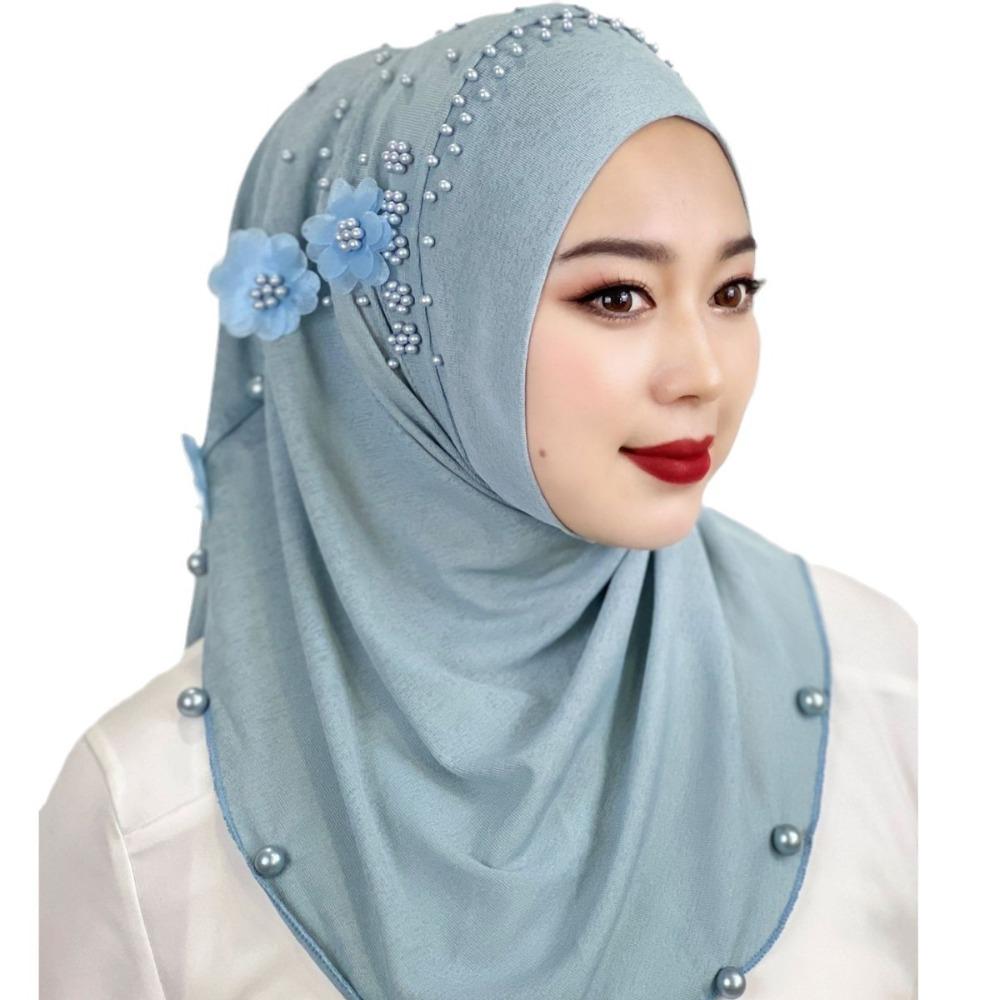 Ramadan Hijab Breathable Islamic Headscarf Beaded Flower Turban Headband Shawl Solid Color Head Wraps Hat