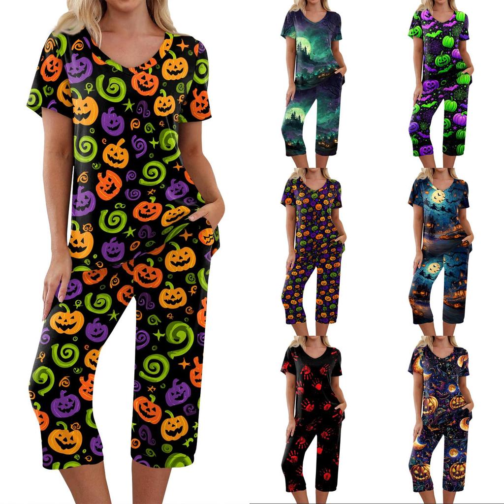Women's Two Piece Halloween Print Lounge Set Short Sleeve Top with V Neck and Capri Pants Casual Sleepwear Pajama Set for Relaxed Fit