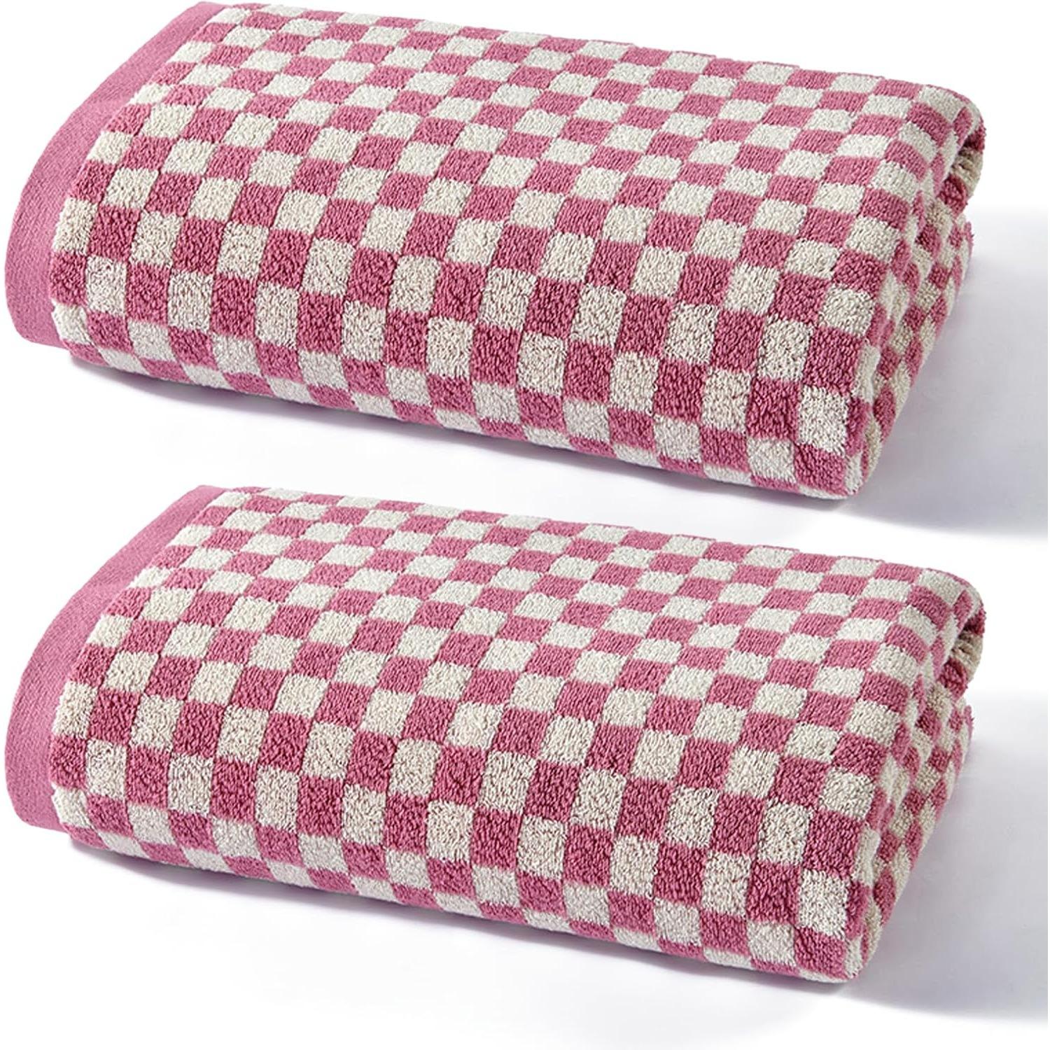 

2 Pack Pink Checkered Bath Towel Set, Cotton Towels,Quick Dry and Lightweight,Large Absorbent Shower Towels for Bathroom,Pool,Beach,Send Goods W
