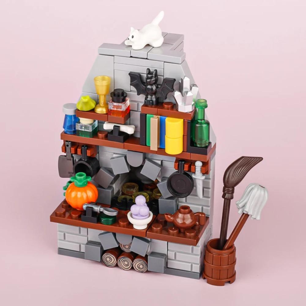 MOC Medieval Alchemy Room Kitchen Wizard Potion Building Blocks Devil's Spring Castle Road Lamp Witch Figures Scene Skull Bricks