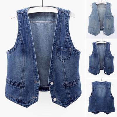Colete Jeans Feminino Sem Mangas Solto Gola V Botões Duplos Cor Sólida Vintage