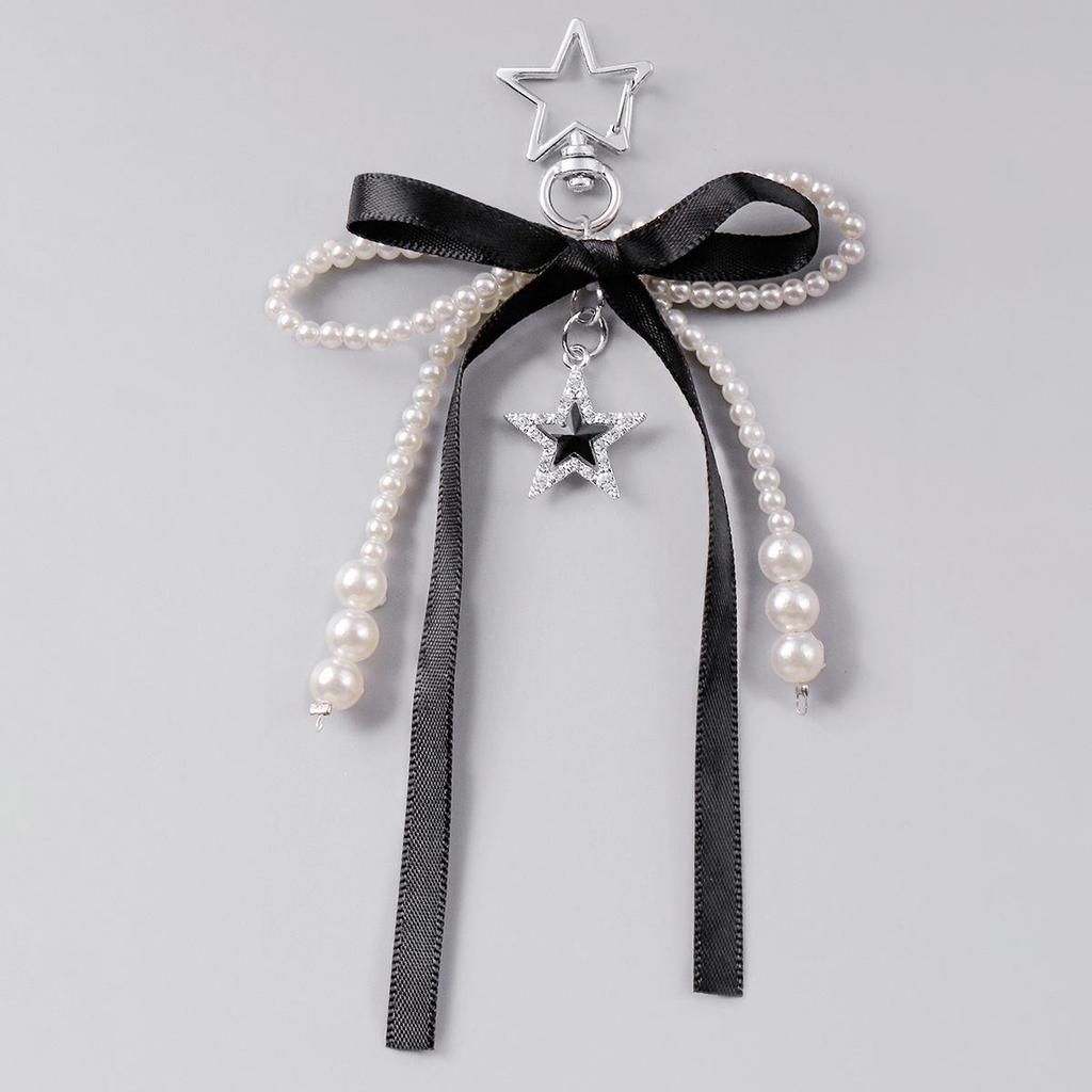 Versatile Multi-Color Webbing Faux Pearl Bow Rhinestone Star Keychain Charm