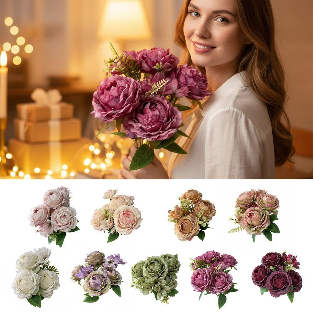 Multicolor Peony Artificial Flower Daisy Flower Silk Petals Simulation Flower Bouquet Floral Arrangement Green Leaves