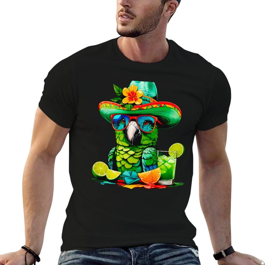 Fabulous Parrot Summer Vibes Sunglasses Refreshing Lime Cocktails TShirt Basic Solid Color Short Sleeve Cotton Top