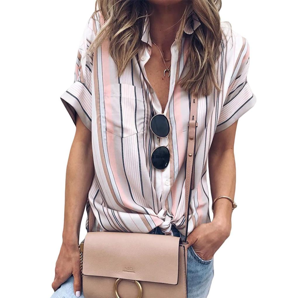 Women Stripe Shirt Stitching Short Sleeve Shirt