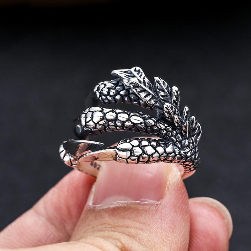 Adjustable Open Ring Men Women Sterling Dragon Claw Design Vintage Retro Statement Jewelry