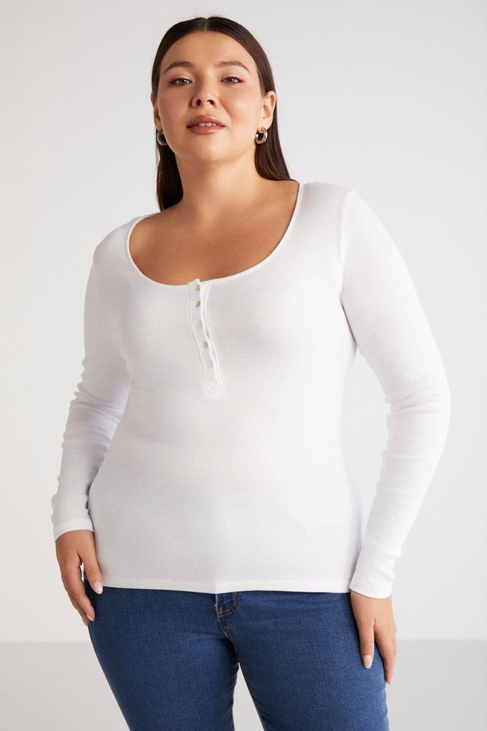 Damen Bluse in Übergröße Zazanabb Rippstrick Optik Körperbetont Tiefer Rundhalsausschnitt Geknöpft Schwarz Plus Size Bluse