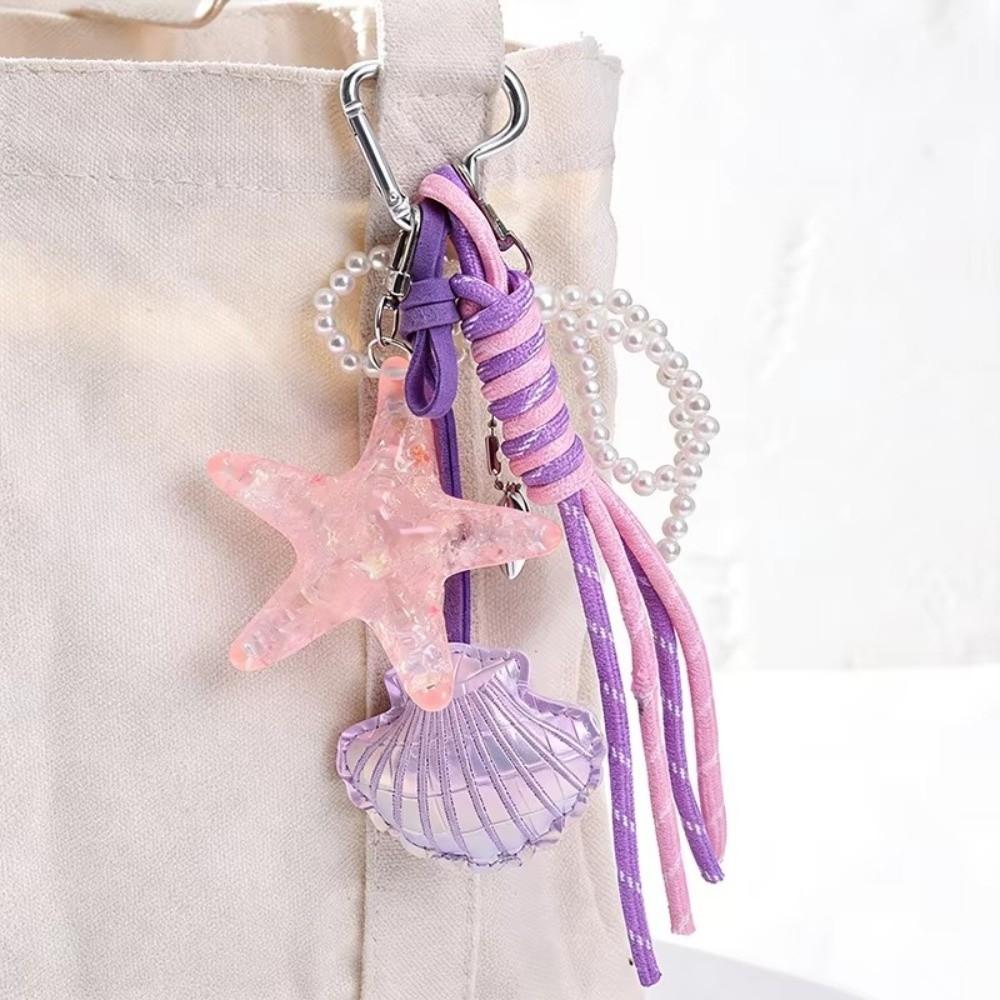 DIY Jewelry Starfish Shell Keychain Pearl Bow Key Ring Fashion Mobile Chain Pendant  Women Girls