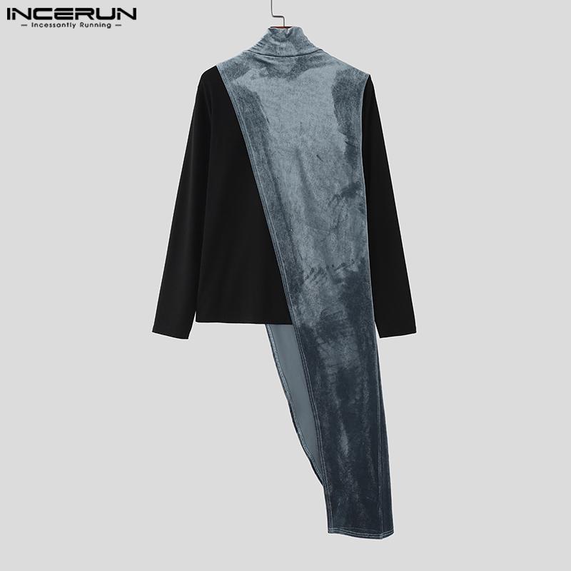 INCERUN Toamnă Bărbați Gât Înalt Mânecă Lungă Fals Două Piese Patchwork Neregulat Catifea Topuri Casual Tricouri