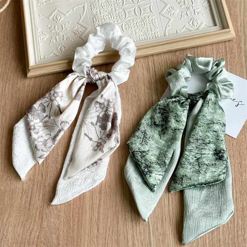 Double-layer Satin Fabric Floral Lace Bow Big Hair Band with Long Tassel Ponytail Hair Tie, A High-end Hair Tie with A Chic Design