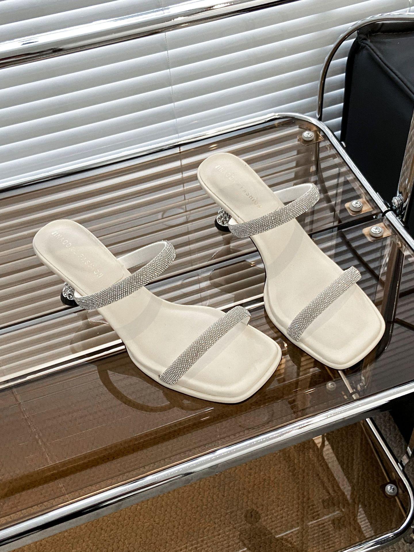

High-heeled metal thin-heeled cool slippers 2025 new summer beautiful rhinestone square head slippers 39