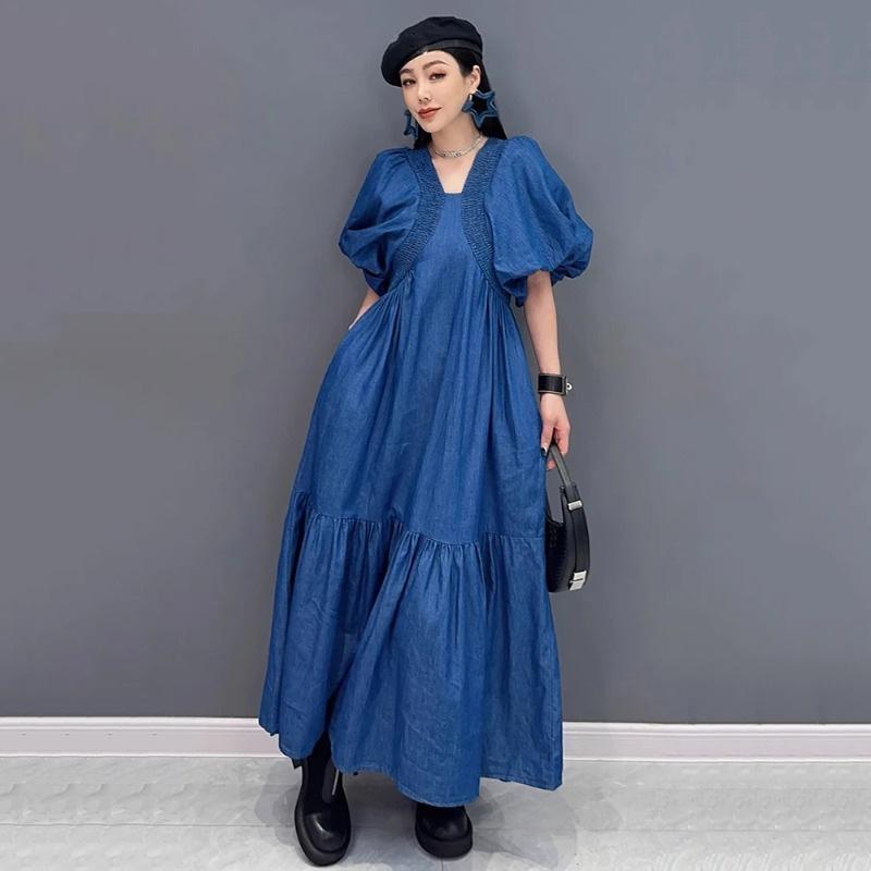 Xitao Pleated Patchwork Loose Denim Dress ZMY1278