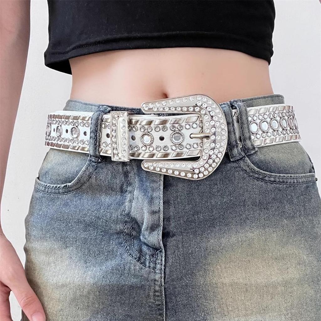 Studded Bling Bling Rhinestone Western [Lamerry] Belt, Belt, Belt, Belt, Y2K, Sequins, Glitter, 105cm, Women's/Men's (White)
