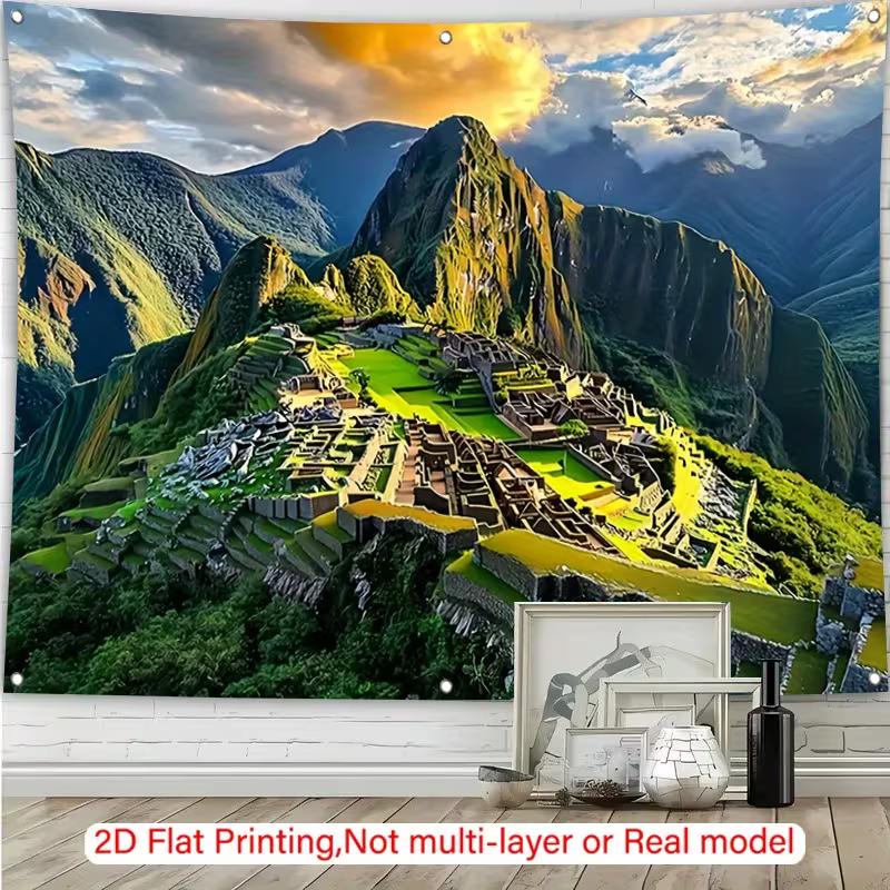 Majestic Machu Picchu Tapestry, Golden Hour Sunrise Over the Ancient Citadel and Surrounding Andean Peaks, Exotic Travel Wall Art