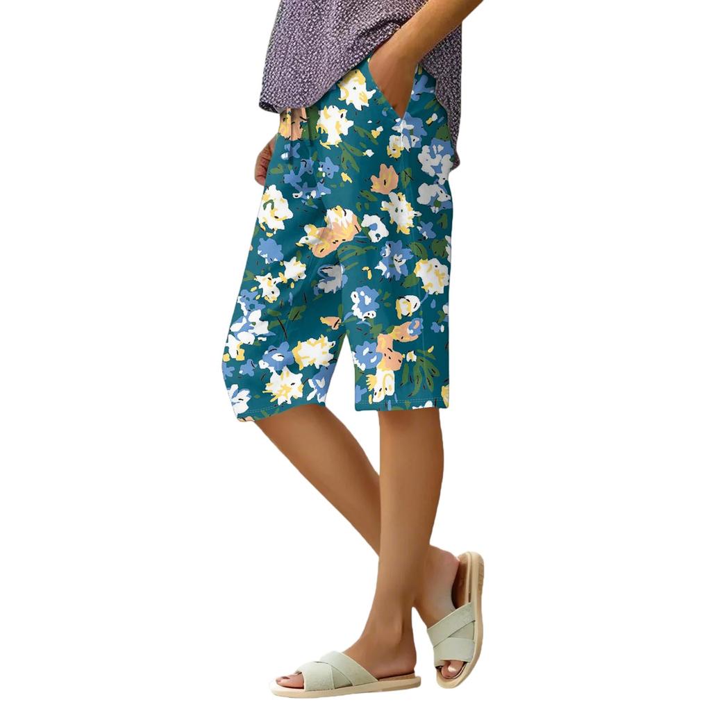 Women's Summer Fashion Retro Floral Polka Dot Print Knee Length Lightweight Elastic Waist Casual Pocket Shorts