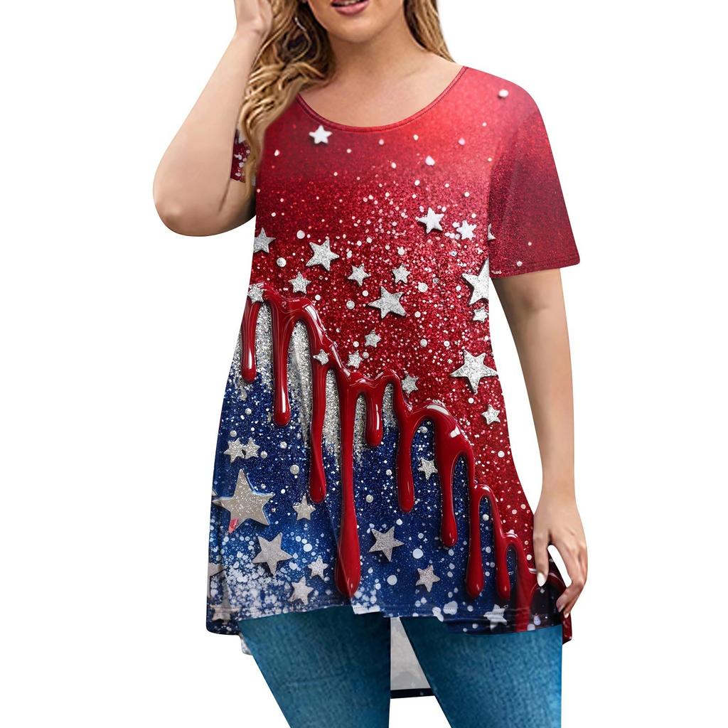 Damenmode Große Größe Rundhals Kurzarm Casual Print Lose Pullover Top