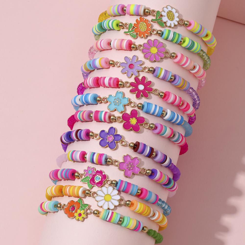 12Pcs/set Unicorn Cat Flower Charm Elastic Handmade Beaded Bracelets for Women Girls Birthday Party Zircon Friendship Gift