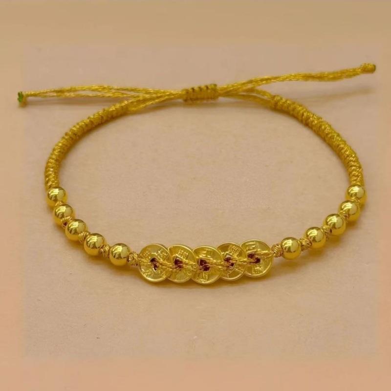 Gold Five Emperors Coin Red Rope Bracelet Women'S High Sense Light Luxury Safety Buckle Bead Jewelry